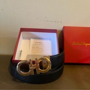 Salvatore Ferragamo Black Leather Belt with Gold Buckle